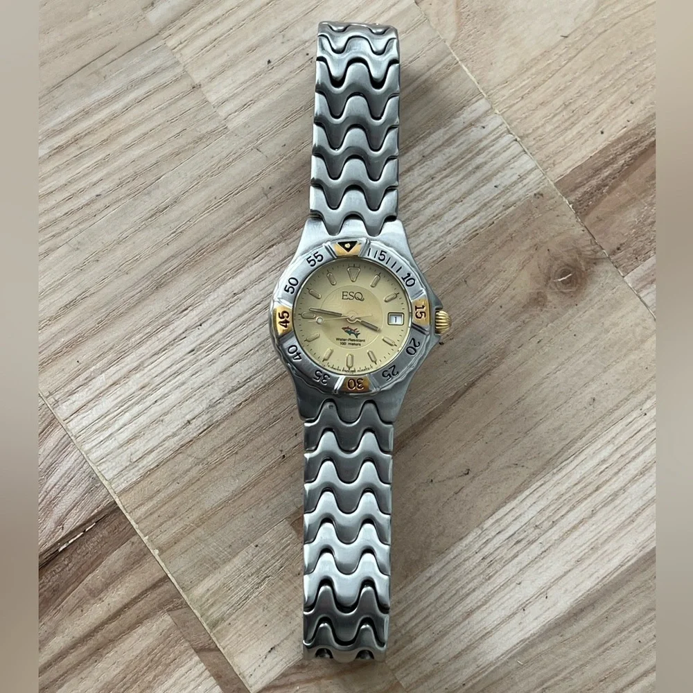 ESQ Super Rare Freedom Ladies Diver Watch Gold-Tone Dial Weave Bracelet Date